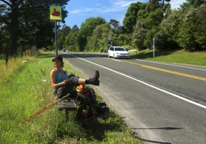 Hitch hiking is so much of a culutre in NZ that the even provide benches and thumb up signs to make your journey more comfortable. My own pimping worked pretty well too.