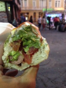 The chilean version of Hotdog comes with huge amounts of fresh tomatos and avocado topped with ketchup and mayonese.